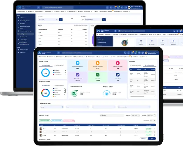 Gym Automate CRM dashboard showing members, revenue and attendance